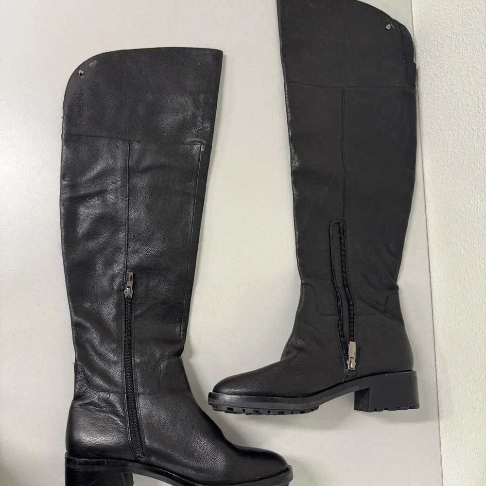 Vince Camuto Jorshie Over The Knee Boots Womens 7M Black Leather Lug Block Heel